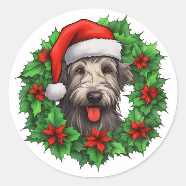 Sticker Rond Wreath de Noël irlandais Wolfhound (Devant)