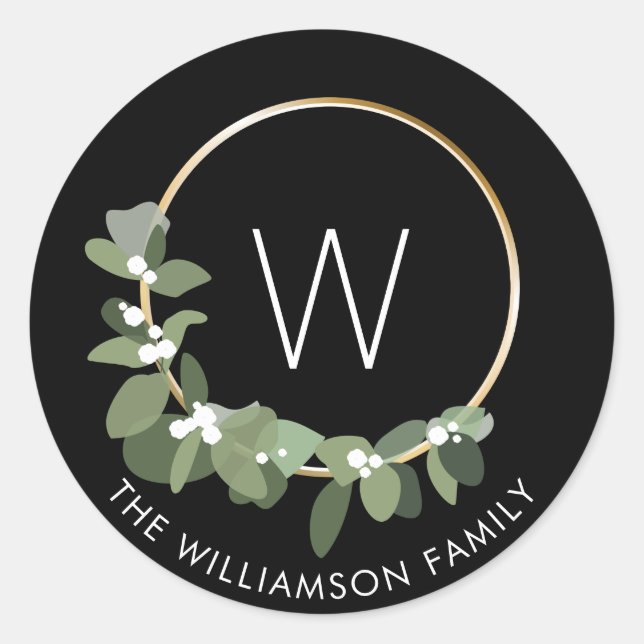 Sticker Rond Wreath de Noël moderne | Monogramme | nom de famil (Devant)