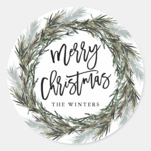 Sticker Rond Wreath de pin d'hiver Joyeux Noël Classic Round S