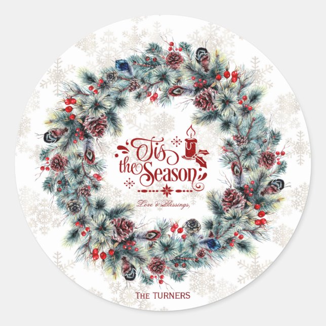 Sticker Rond Wreath 'Tis Season Monogramme (Devant)