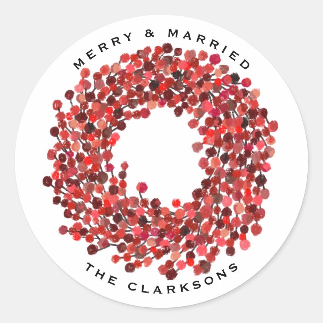 Sticker Rond Wreath Winterberry peint à la main Joyeux et marié (Devant)