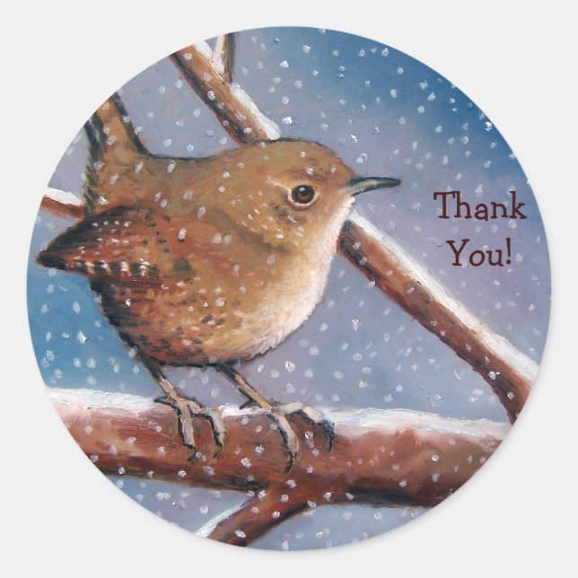 STICKER ROND WREN, OISEAU, HIVER : MERCI AUX BÂTISSEURS : ART (Devant)
