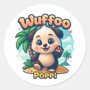 Sticker Rond Wuffoo Poppi Chiot Mignon Kawaii Île Tropicale