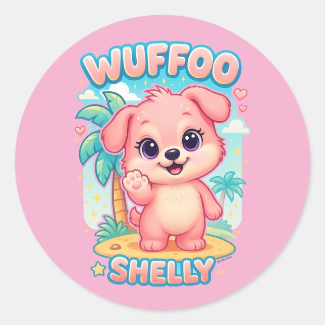 Sticker Rond Wuffoo Shelly Kawaii Puppy Tropical Island (Devant)