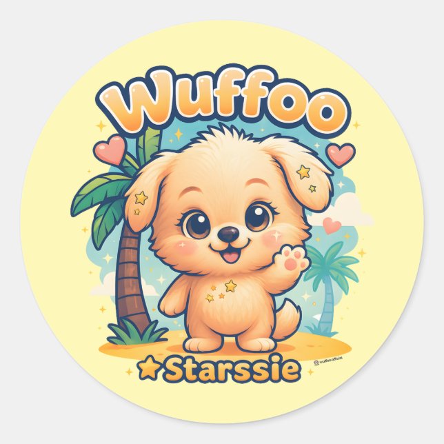Sticker Rond Wuffoo Starssie Kawaii Puppy Tropical Island (Devant)