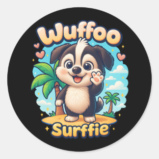 Sticker Rond Wuffoo Surffie Cute Kawaii Puppy Tropical Island