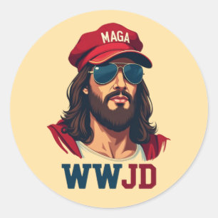 Sticker Rond WWJD - Jésus républicain en Casquette MAGA