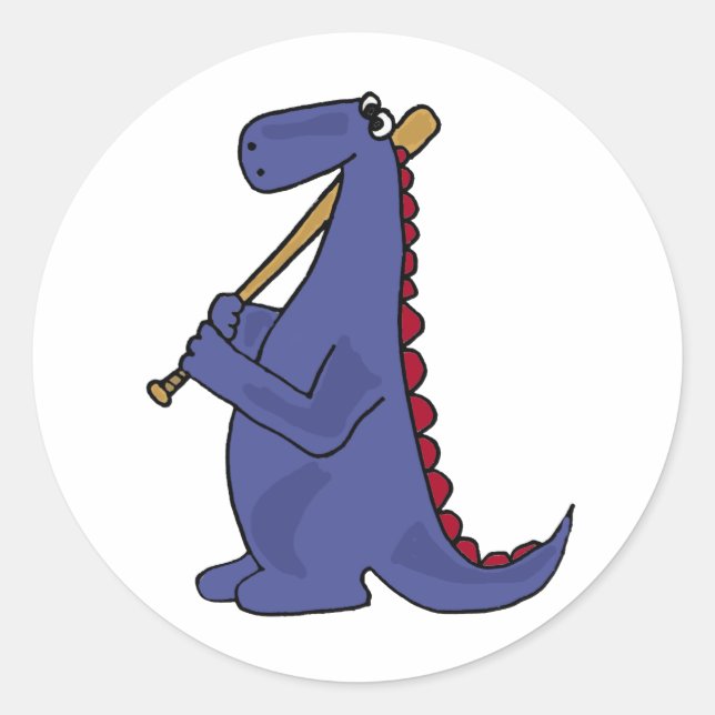 Sticker Rond WX - Dinosaure Bleu Jouer Dessin De Baseball (Devant)