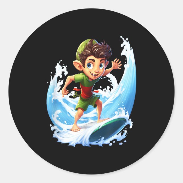 Sticker Rond X-mas Christmas Elf Riding Surfboard Surfboard  (Devant)