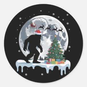 Sticker Rond Xmas Bigfoot Père Noël Arbre Traîneau Lune Renne N