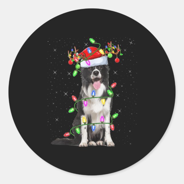 Sticker Rond Xmas Holiday Lighting Santa Border Collie Dog Chri (Devant)