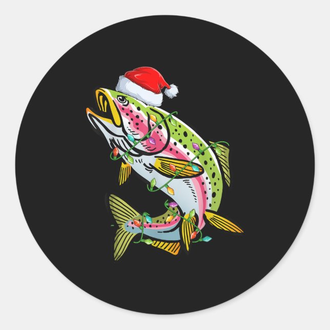 Sticker Rond Xmas Lights Santa Hat Rainbow Trout Fish Christmas (Devant)