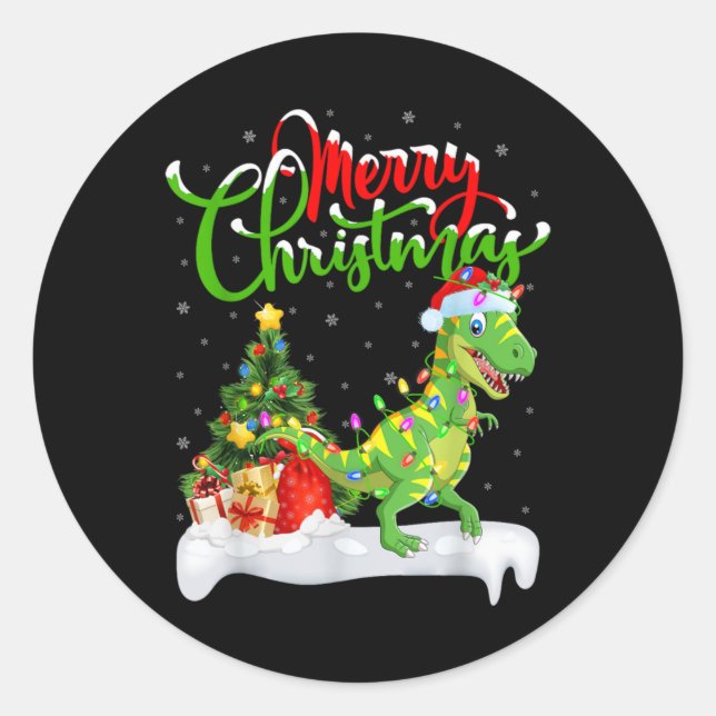 Sticker Rond Xmas Tree Lights Santa Hat T Rex Dinosaur Christma (Devant)