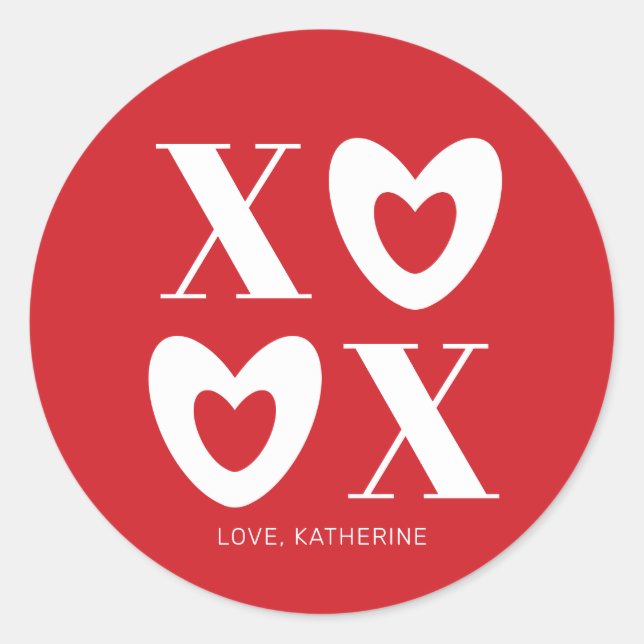 Sticker Rond XOXO rouge et blanc coeurs typographie moderne mig (Devant)