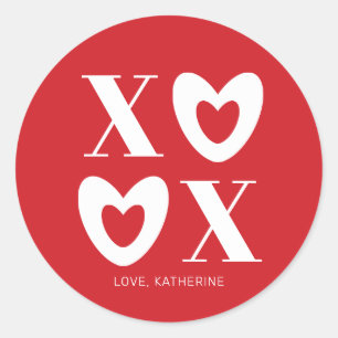 Sticker Rond XOXO rouge et blanc coeurs typographie moderne mig