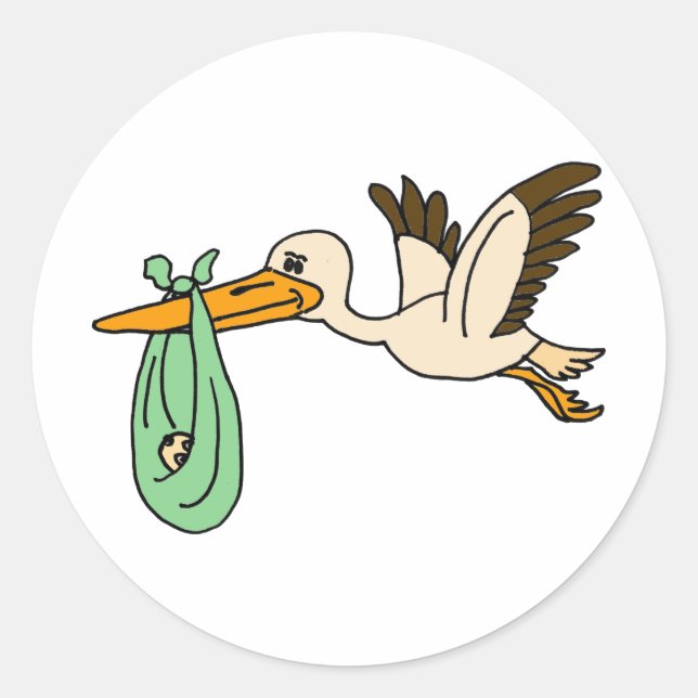 Sticker Rond XX- Funny Stork portant bébé (Devant)