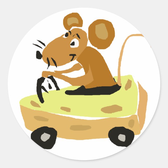 Sticker Rond XX- Souris conduisant un fromage Cartoon de voitur (Devant)