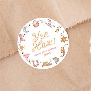 Sticker Rond Yee Haw ! Western Disco Cowgirl fête d'anniversair