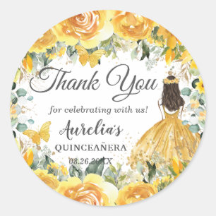 Sticker Rond Yellow Gold Rose Floral Butterflies Princess Favor