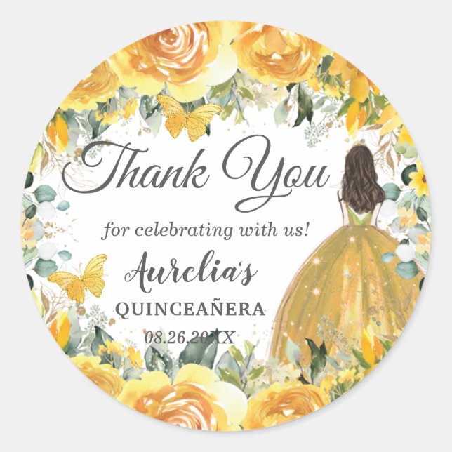 Sticker Rond Yellow Gold Rose Floral Butterflies Princess Favor (Devant)