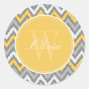 Sticker Rond Yellow Grey Zigzag Ikat Motif Monogramme