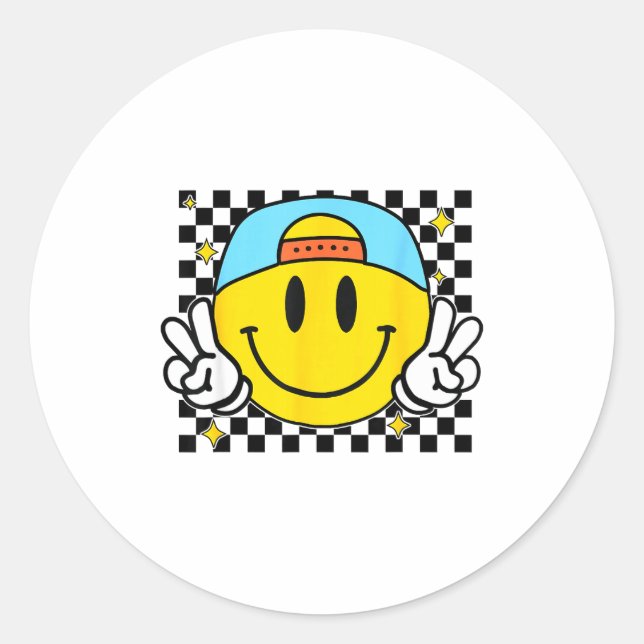 Sticker Rond Yellow Smile Face Cute Checkered Peace Smiling Hap (Devant)
