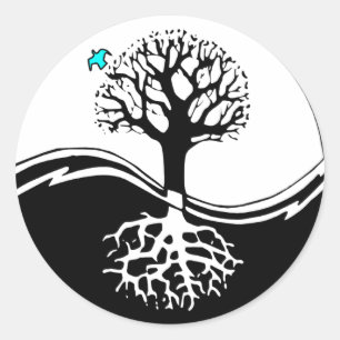 Sticker Rond Yin Yang Arbre De Vie Noir & Blanc