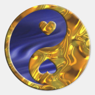 Sticker Rond Yin & Yang / Coeurs or   ondes bleues