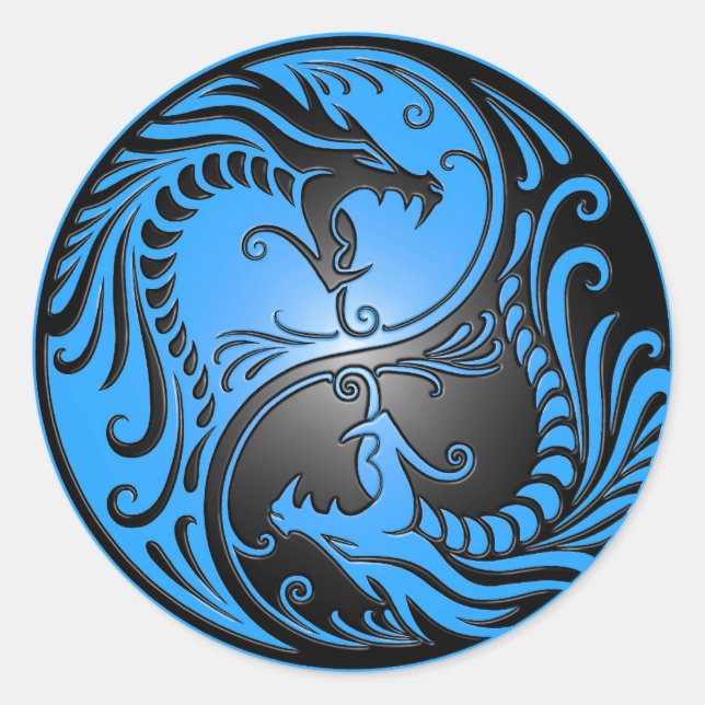 Sticker Rond Yin Yang Dragons, bleu et noir (Devant)