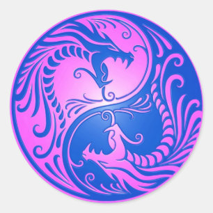 Sticker Rond Yin Yang Dragons, bleu et violet