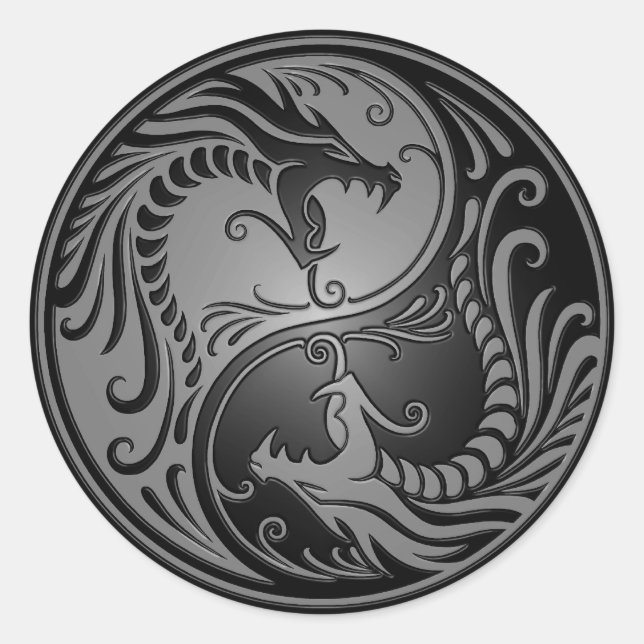 Sticker Rond Yin Yang Dragons, gris et noir (Devant)
