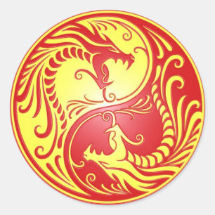 Sticker Rond Yin Yang Dragons, rouge et jaune