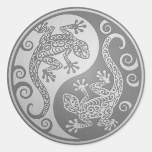 Sticker Rond Yin Yang Geckos, Effet Acier Inoxydable