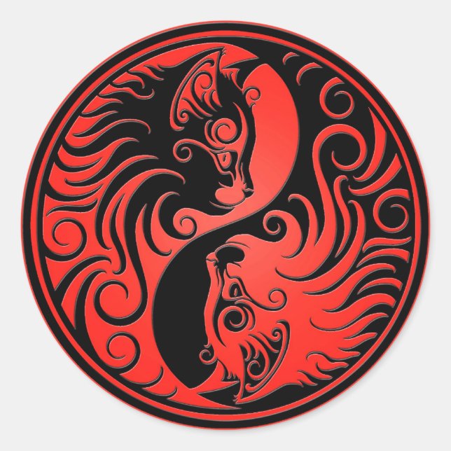 Sticker Rond Yin Yang Kittens rouge et noir (Devant)