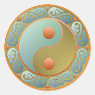 Sticker Rond Yin Yang médaillon d'or Turquoise