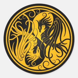 Sticker Rond Yin Yang Phoenix jaune et noir