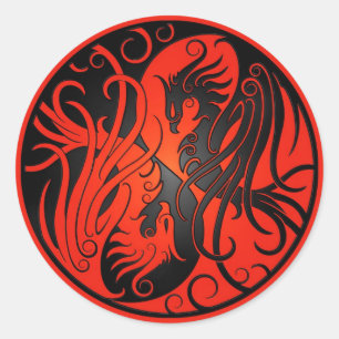 Sticker Rond Yin Yang Phoenix rouge et noir