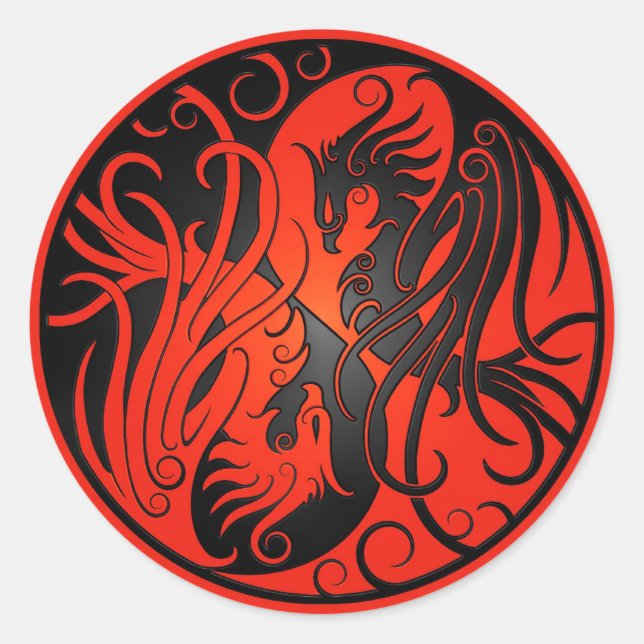 Sticker Rond Yin Yang Phoenix rouge et noir (Devant)