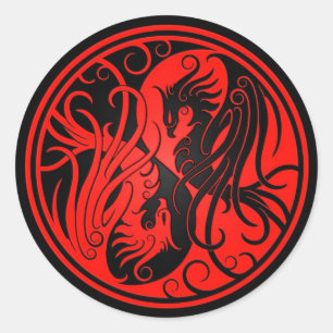 Sticker Rond Yin Yang Phoenix rouge et noir