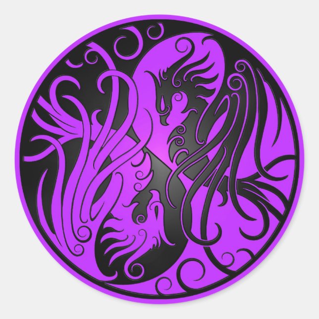 Sticker Rond Yin Yang Phoenix violet et noir (Devant)