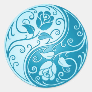 Sticker Rond Yin Yang Roses, bleu