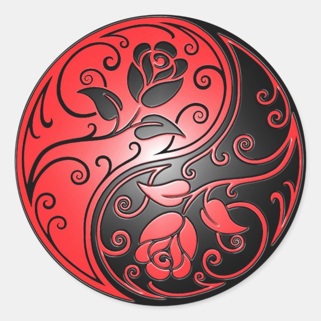 Sticker Rond Yin Yang Roses, rouge et noir (Devant)