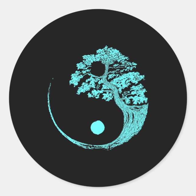 Sticker Rond Yin Yang Turquoise Blue Bonsai Tree Japonais (Devant)