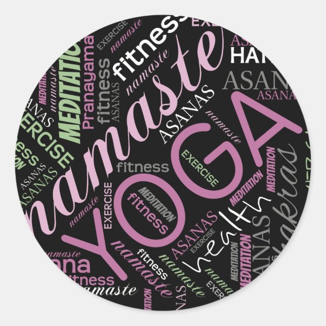 Sticker Rond Yoga Word Cloud Plum/Green ID254 (Devant)