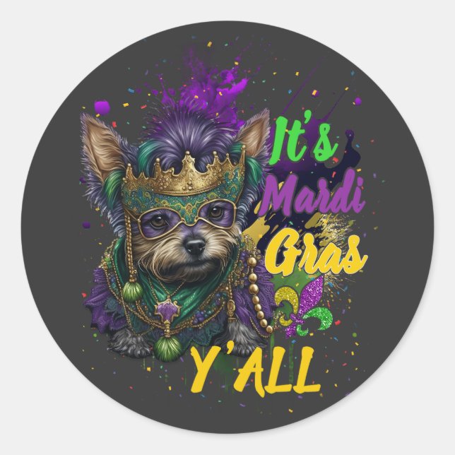 Sticker Rond Yorkie C'est Mardi Gras Y'all Carnival Masquerade (Devant)