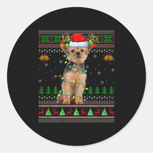 Sticker Rond Yorkie Dog Ugly Christmas Sweaters Holiday Santa X (Devant)