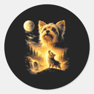 Sticker Rond Yorkie hurle à la Lune amateur de chiens Fantaisie