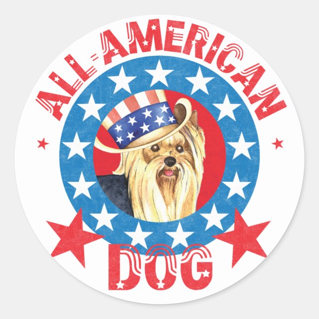 Sticker Rond Yorkie patriotique (Devant)
