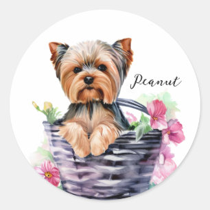 Sticker Rond Yorkie personnalisé dans le panier aquarelle