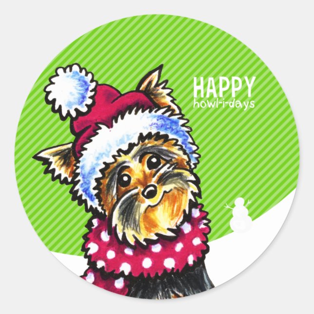 Sticker Rond Yorkie Scarf Noël Joyeux Howl-i-days (Devant)